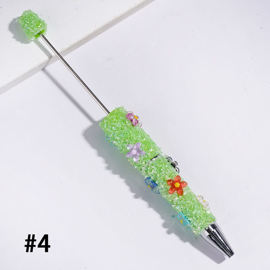 Beadable Sugar Pens with Five-Petaled Flower Series and Broken Rhinestones Covered the Entire Pen, Multi-Color