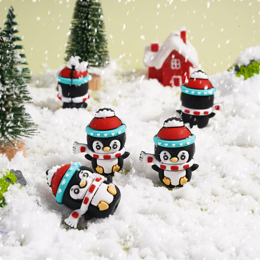 Silicone Focal Beads 3D Cute Penguin with White Scarf and Red Hat Christmas Series