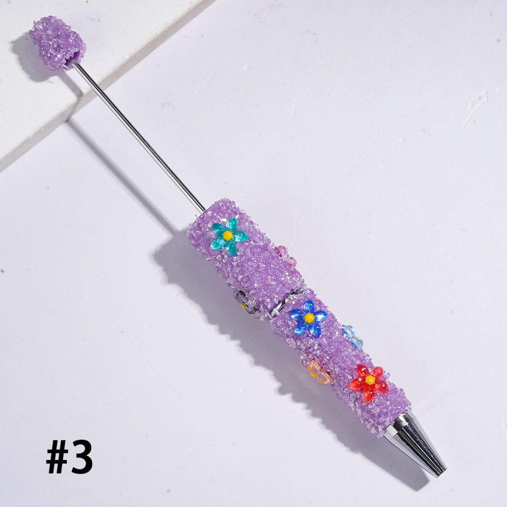 Beadable Sugar Pens with Five-Petaled Flower Series and Broken Rhinestones Covered the Entire Pen, Multi-Color