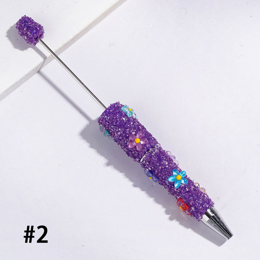 Beadable Sugar Pens with Five-Petaled Flower Series and Broken Rhinestones Covered the Entire Pen, Multi-Color