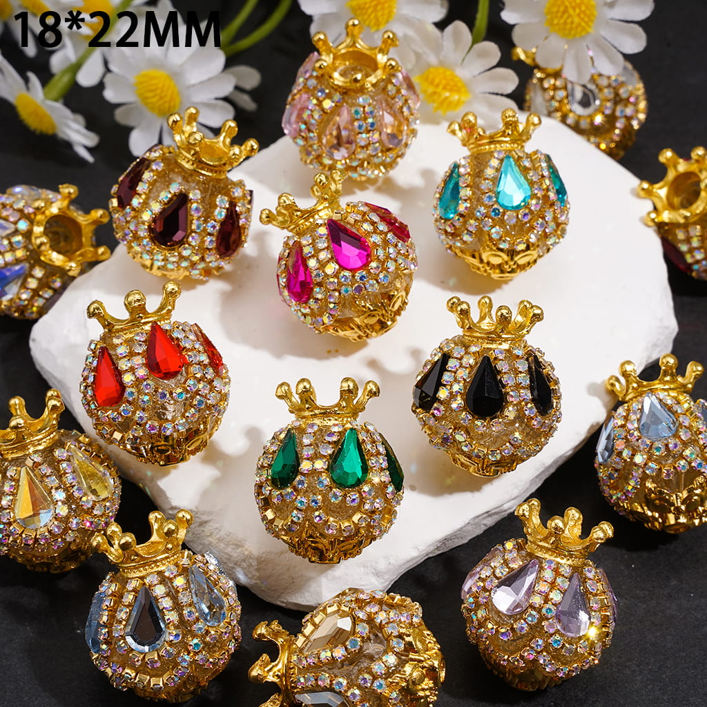 Handmade Acrylic Beads with Gold Crown, Teardrop AB Rhinestones and Crystal Chain, 18×22MM, Multi-Color