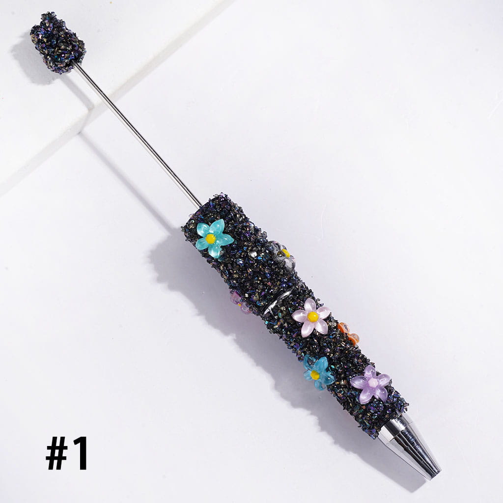 Beadable Sugar Pens with Five-Petaled Flower Series and Broken Rhinestones Covered the Entire Pen, Multi-Color