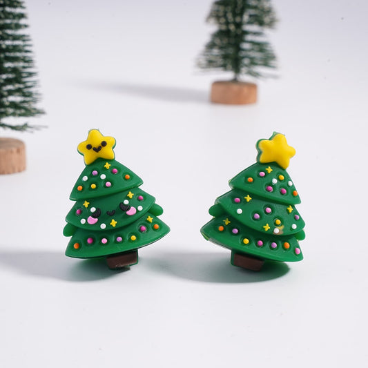 Silicone Focal Beads 3D Cute Smiling Christmas Trees with Yellow Star Colored Dots