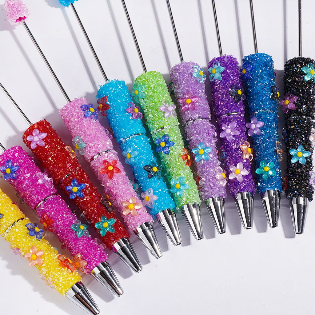 Beadable Sugar Pens with Five-Petaled Flower Series and Broken Rhinestones Covered the Entire Pen, Multi-Color