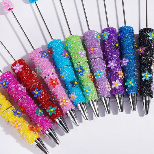 Beadable Sugar Pens with Five-Petaled Flower Series and Broken Rhinestones Covered the Entire Pen, Multi-Color