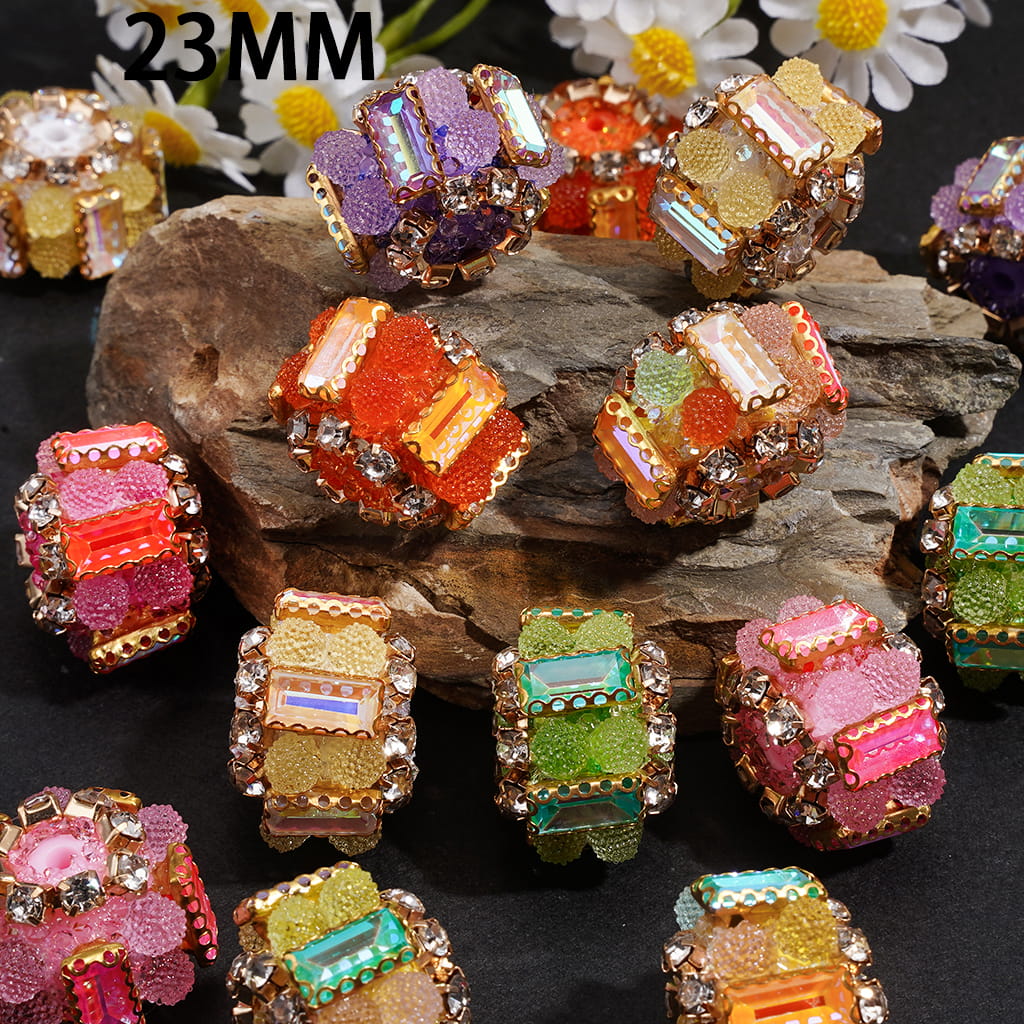 Hand-Made Sugar Acrylic Beads w Rectangular Clear Rhinestones, Gold Metal Clasp & Frosted Crystal, 23MM, Random Mix