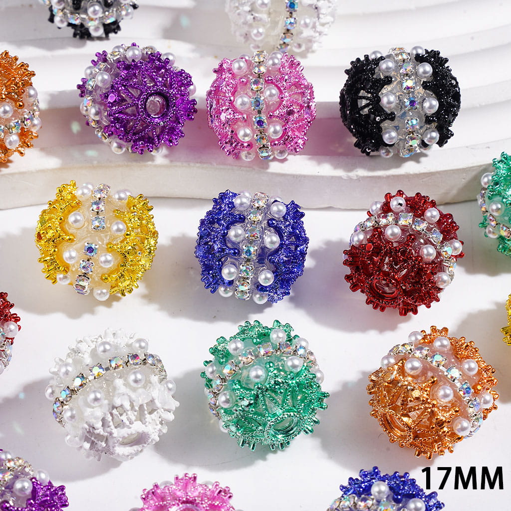 Hand-Made Acrylic Beads with Metal Spacer, Double-Layer Pearls & AB Rhinestone Chain, 17MM, Multi-Color