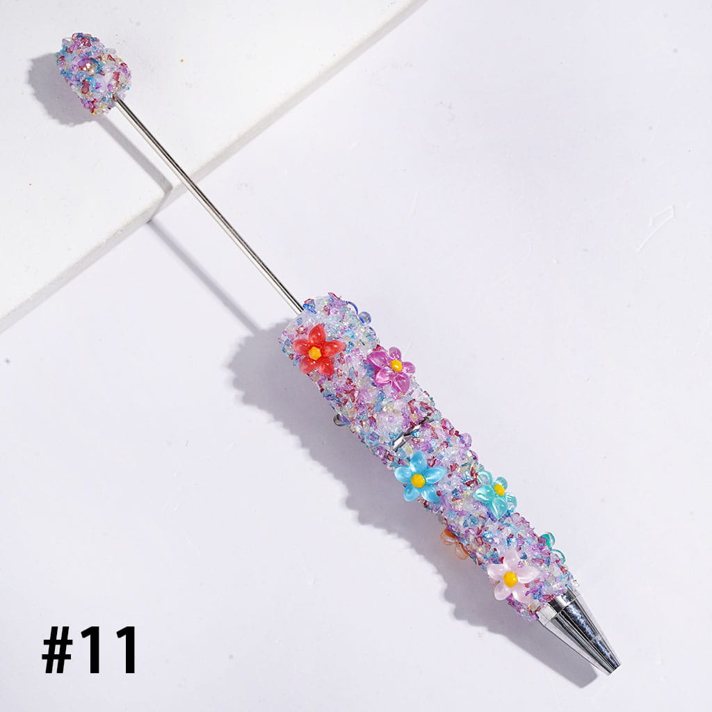 Beadable Sugar Pens with Five-Petaled Flower Series and Broken Rhinestones Covered the Entire Pen, Multi-Color