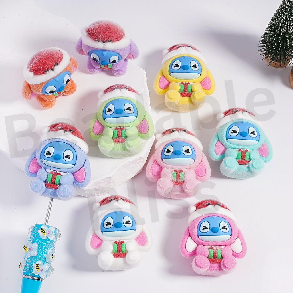 Acrylic Beads Pen Toppers Pendants Jewelry Accessories Cute Flocked Fluffy Monster Doll with Christmas Hat, Around 37*41MM