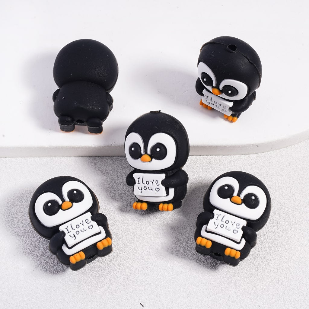 Silicone Focal Beads 3D Cute Cartoon Penguin Dwarf Highland Cow Toy Valentine's Day Series with Love Hearts
