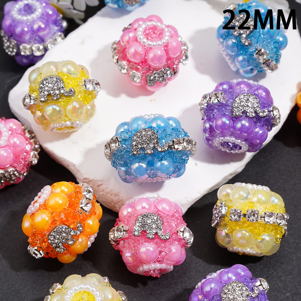 Hand-Made Sugar Acrylic Beads w Elephant, Clear Rhinestones & UV Coated Half-Pearl, White Pearl Chain, 22MM, Random Mix