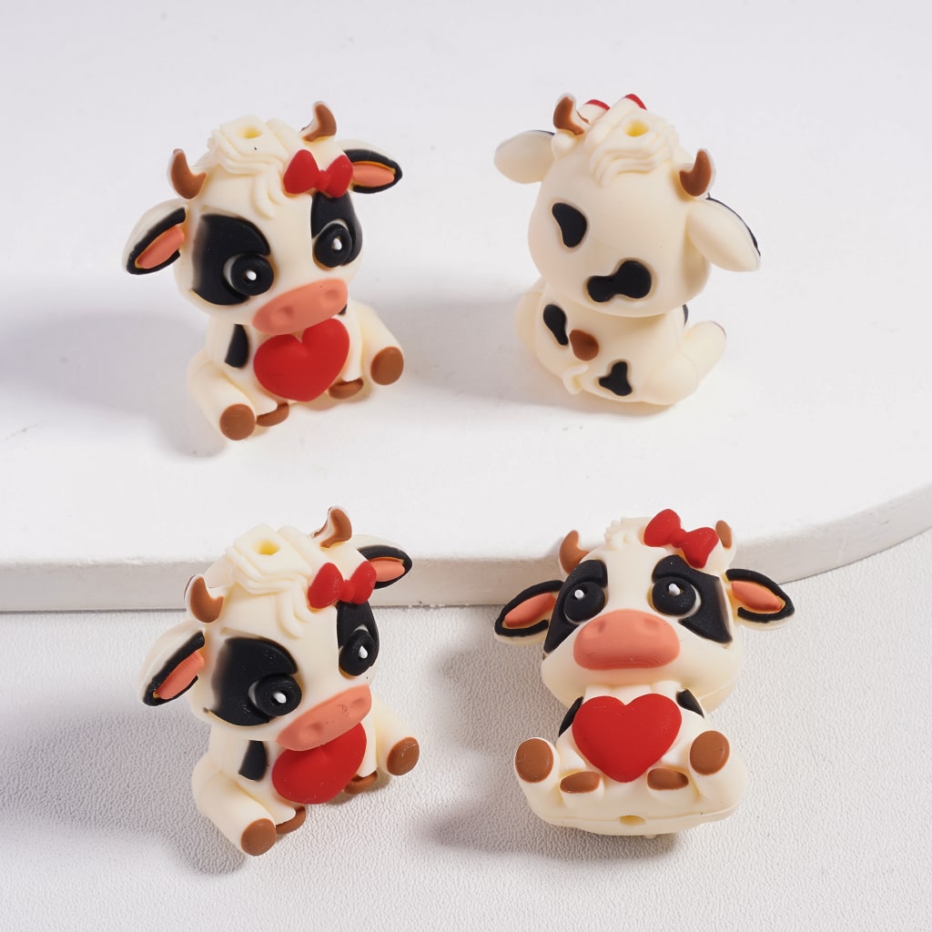 Silicone Focal Beads 3D Cute Cartoon Penguin Dwarf Highland Cow Toy Valentine's Day Series with Love Hearts
