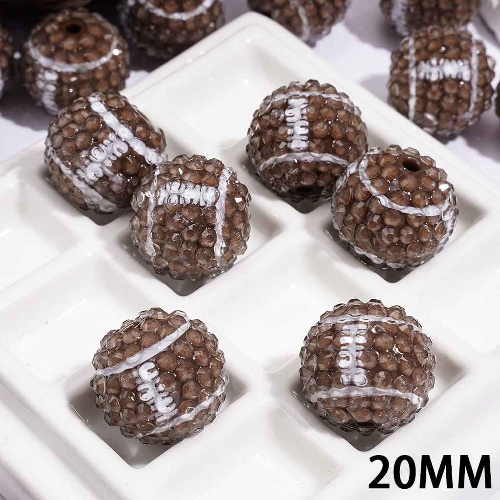 Acrylic Beads w Transparent Rhinestone Rugby Ball Design Round Glossy Finish, 20MM