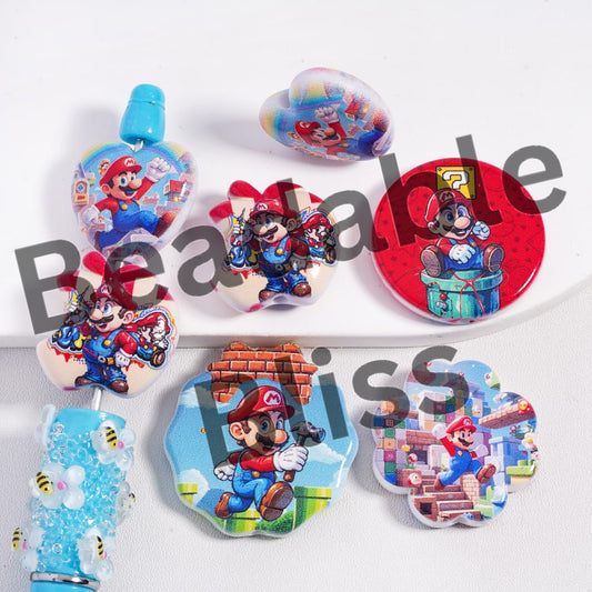 Acrylic Beads Plumber Double Side Prints, Various Designs & Shapes, Random Mix
