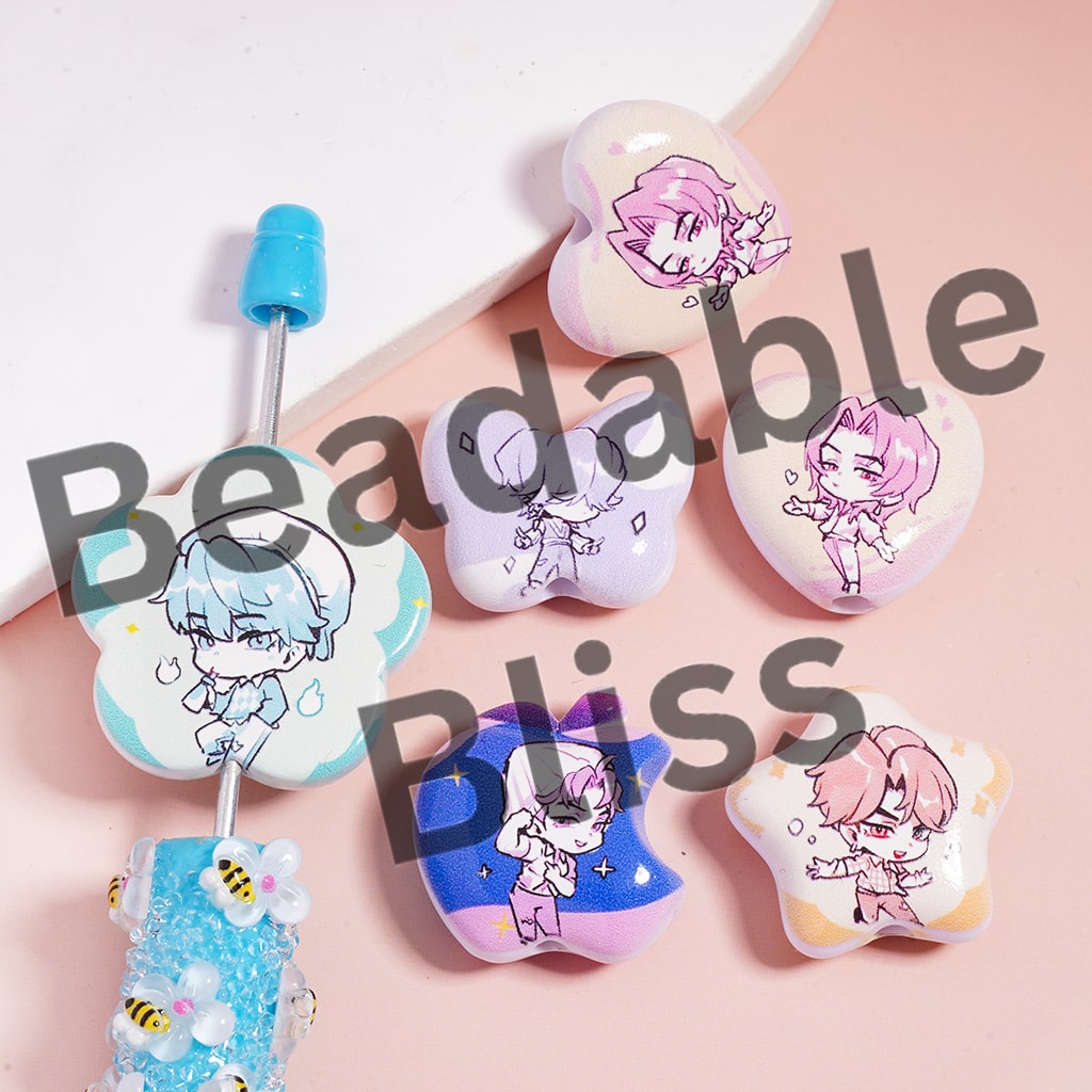 Acrylic Beads Frosted Matte Two-Dimensional Boy Series Double Side Prints in Various Shapes, Random Mix