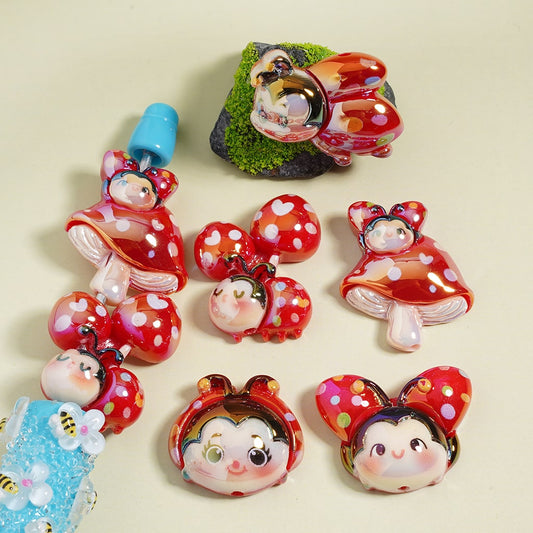 Acrylic Beads UV Coating Cute Ladybugs and Mushrooms with Colored Hearts Polka Dots with Various Designs, Random Mix