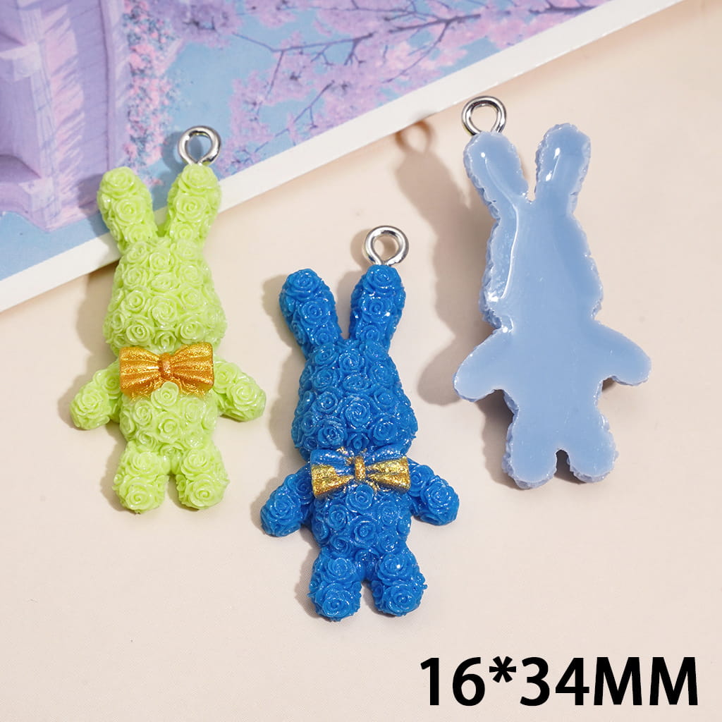 Acrylic Charms w Rose Bunny Design, Gold Bow Detail & Hanging Loop, 16*34MM Random mix