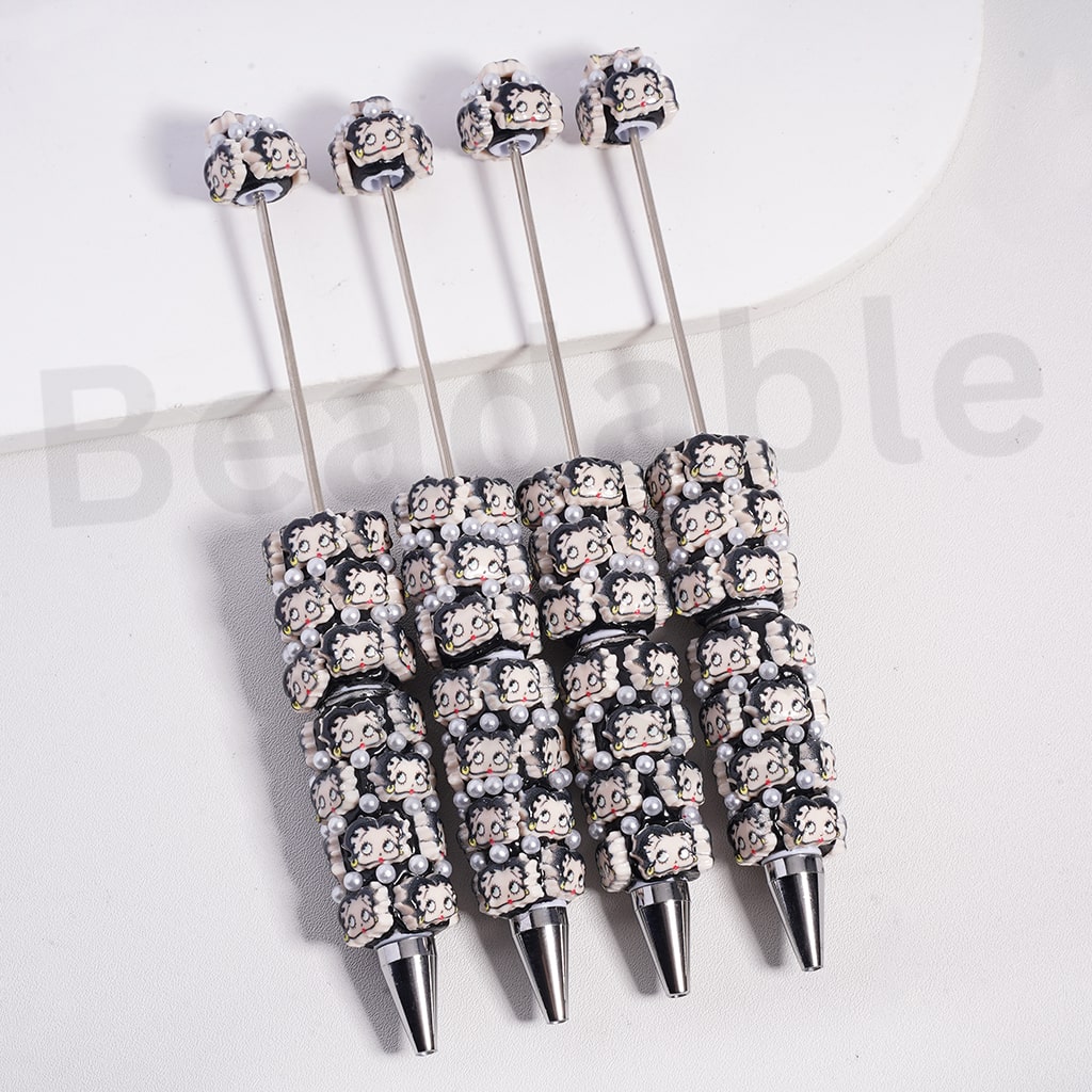 Beadable Clay Pen Cute Betty Girl with White Pearls Black Background