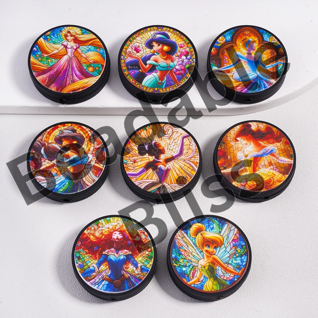 Silicone Focal Beads with Colored Tiffany Glass Style Princess, Flat Round Shape, Random Mix