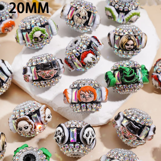 Handmade Acrylic Beads w Horror Movie Character, Colored Rectangular Rhinestones, AB Rhinestone Chain & Pearl Trim, 20MM, Random Mix
