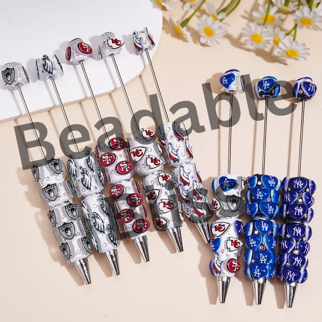 Beadable Clay Pens with Heart in American Baseball and Football Team Series and AB Rhinestones