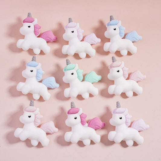Silicone Focal Beads 3D Cute White Unicorn with Different Colors Mane and Tail