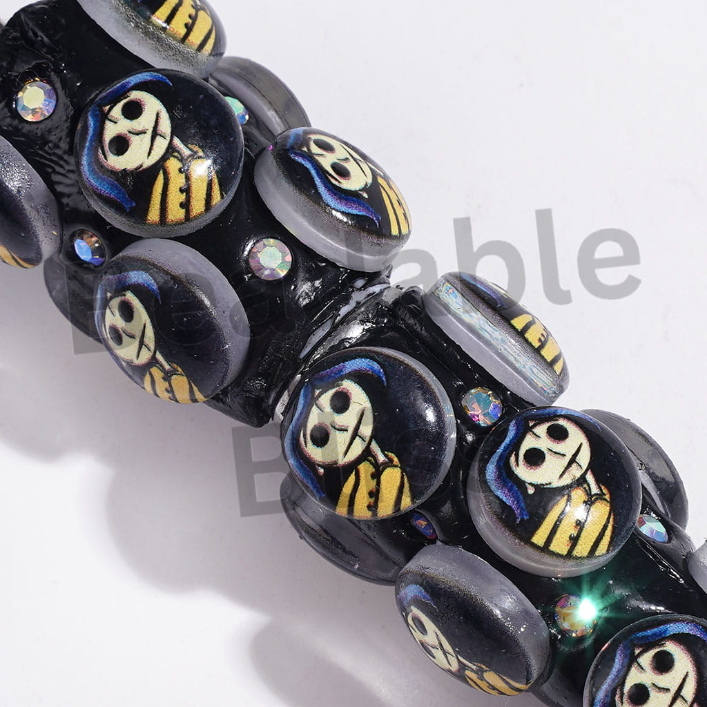 Beadable Clay Pens with Blue Haired Ghost Girl and AB Rhinestones, Black Background