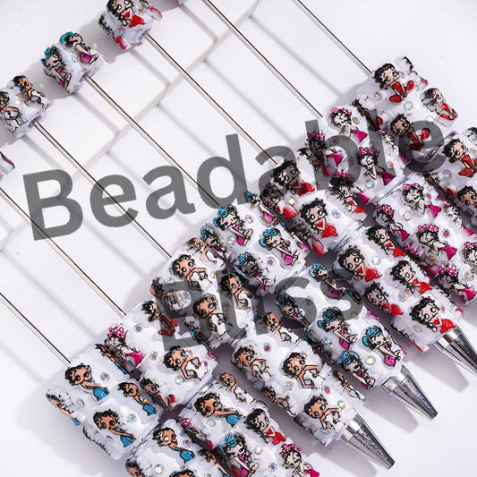 Beadable Clay Pens w Old Girl Character Series & AB Rhinestones