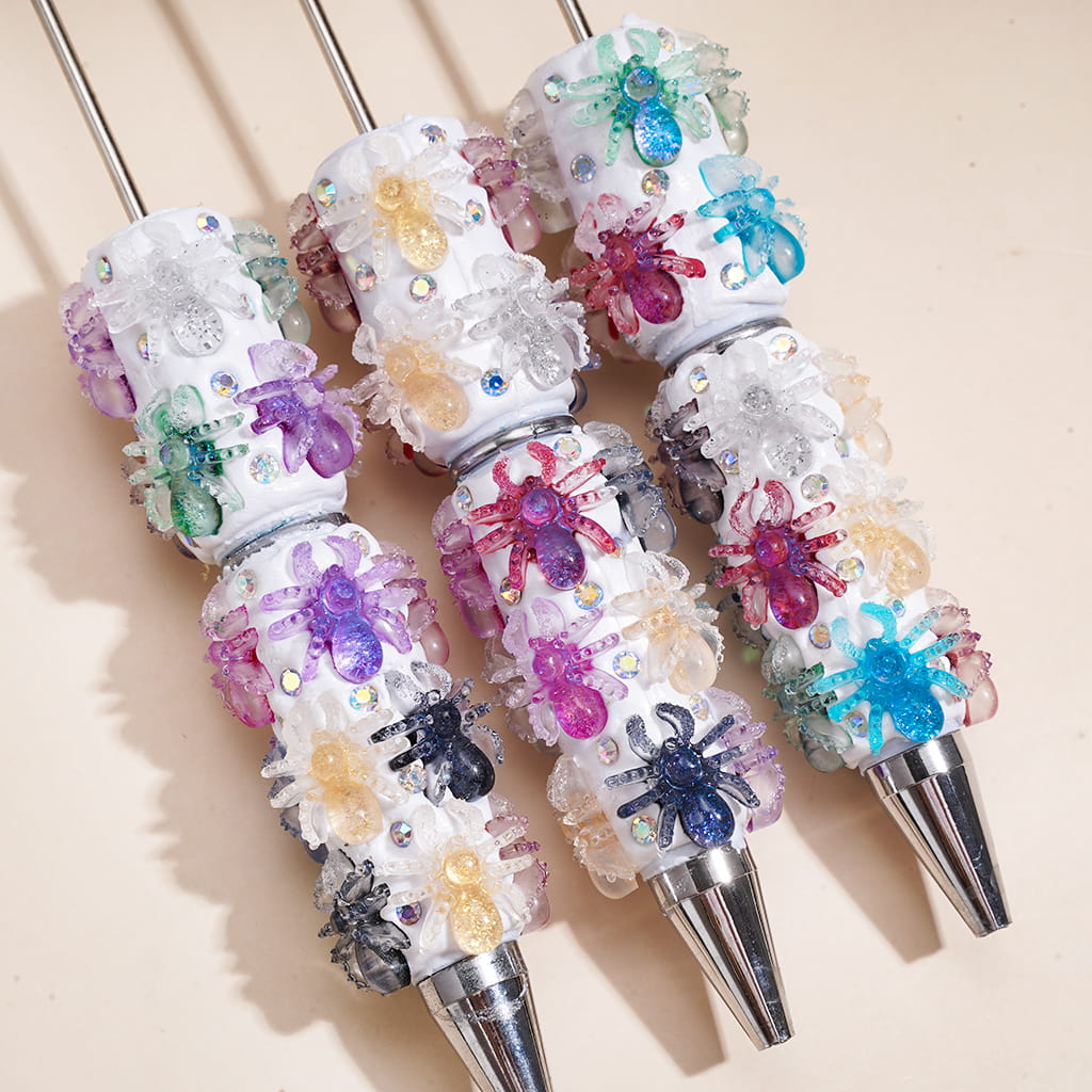 Beadable Clay Pens with Glittery Spiders Halloween Theme and AB Rhinestones, White and Black Pen Body