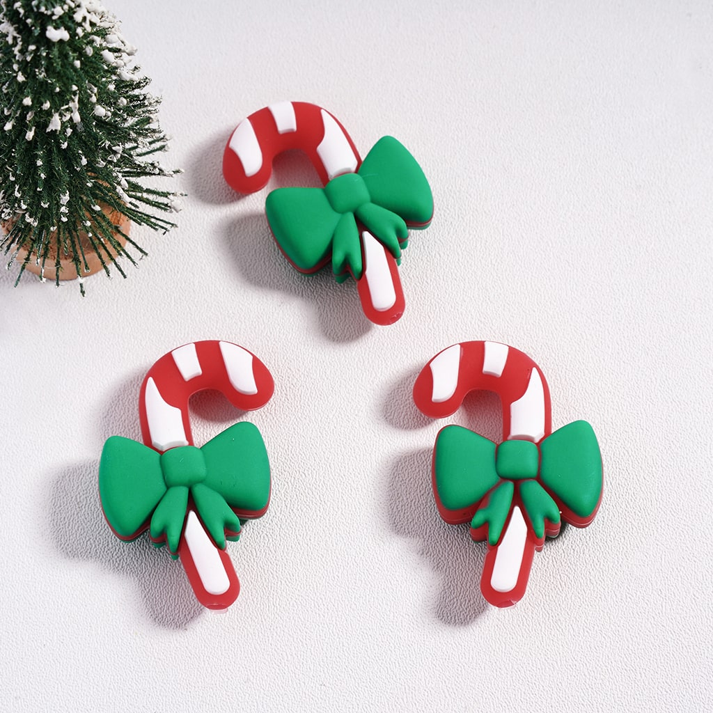 Silicone Focal Beads 3D Cute Christmas Candy Cane with Green Bowtie