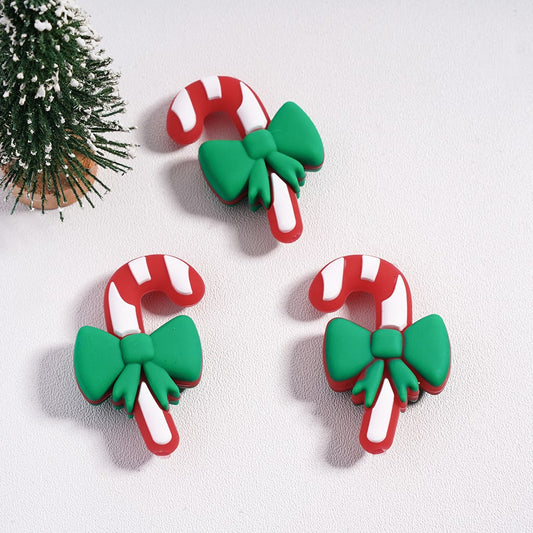 Silicone Focal Beads 3D Cute Christmas Candy Cane with Green Bowtie