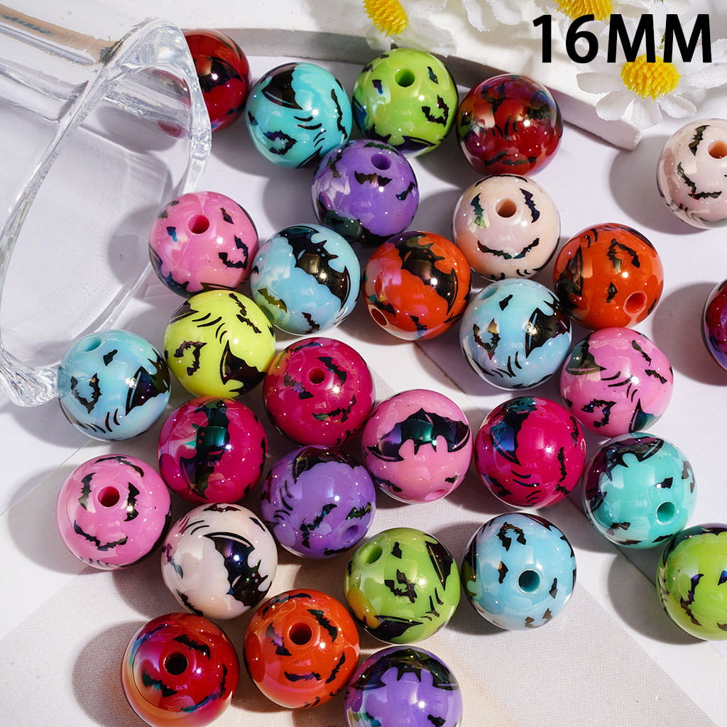 Acrylic Beads for Bracelets UV Coating with Black Bat, 16MM, Multi-Color