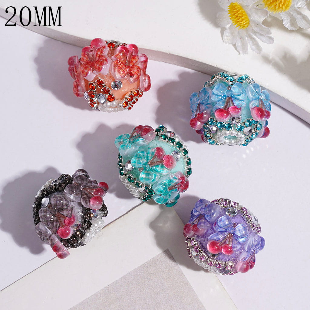 Clear Rhinestone & Cherry with Plaid Bowtie Handmade Acrylic Beads, Heart Shaped Rhinestone Chains & White Pearl Loop, 20MM Random Mix Multi-Color