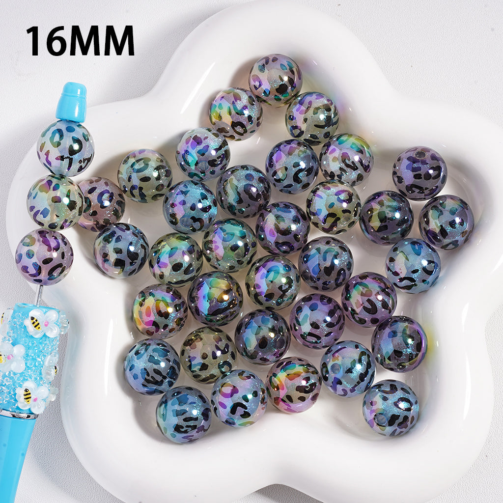 UV Coating Glitter Translucent Jaguar Print Colorful Round Acrylic Beads, 16MM, Random Mix