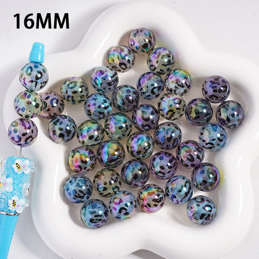 UV Coating Glitter Translucent Jaguar Print Colorful Round Acrylic Beads, 16MM, Random Mix