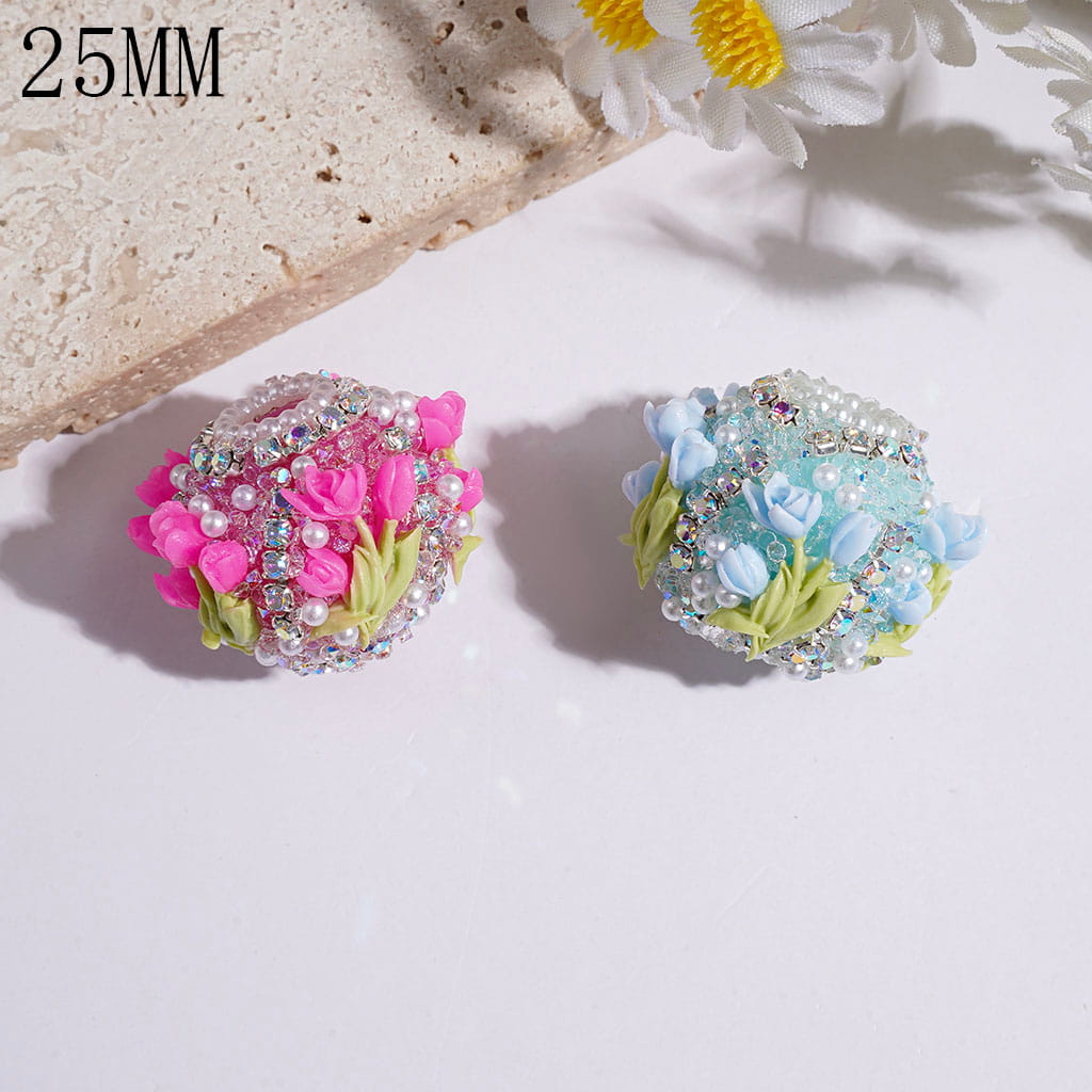 Hand-Made Sugar Beads with Tulip Flower Leaf & Cone Shaped Clear Rhinestones, AB Rhinestone & White Pearl Chains, 25MM, Multicolor, Random Mix