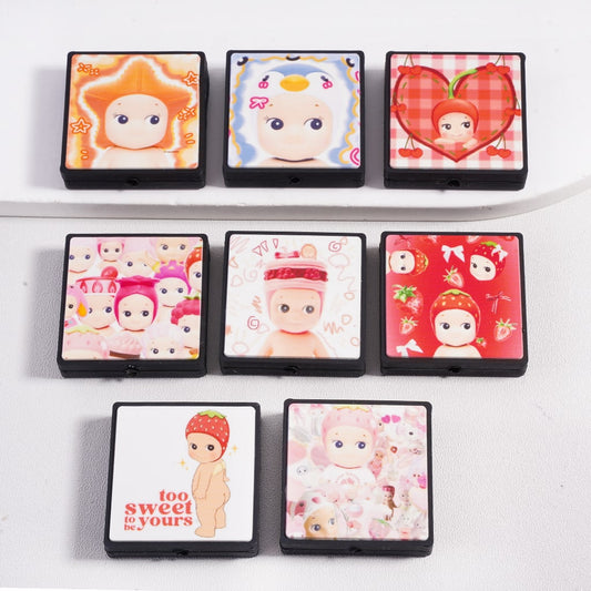 Silicone Focal Beads Smiling Baby in Various Style, Flat Square Shape, Random Mix