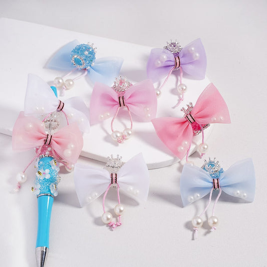 Sugar Acrylic Beads with Fancy Silver Crown White Pearls Shiny Cone Shape Rhinestones Fabric Bowtie, Random Mix