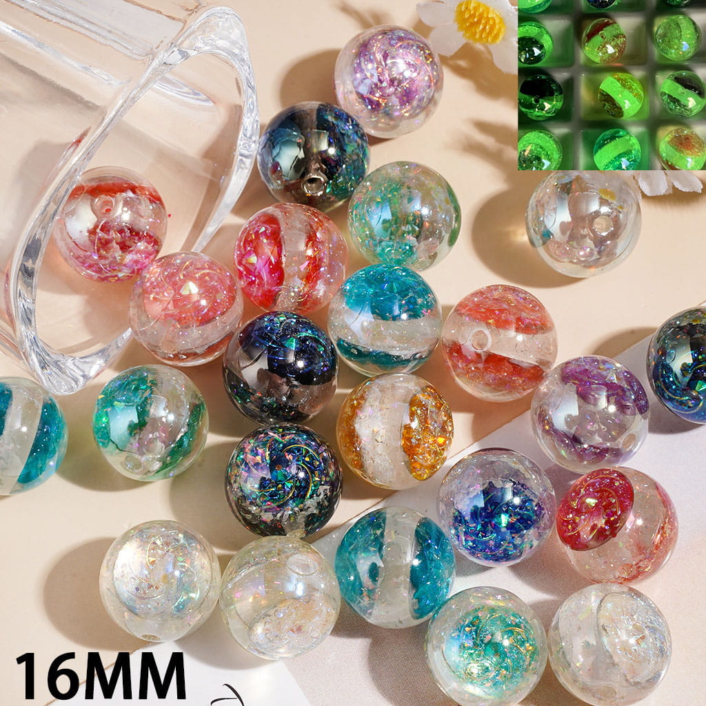 Acrylic Beads for Bracelets Luminous with Double Helix and Shiny Confetti, 16MM Multi-Color Random Mix