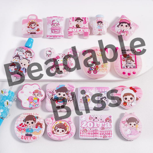 Acrylic Beads Pendant Frosted Matte Girl & Cute Cat Pink Series in Various Shapes, Random Mix