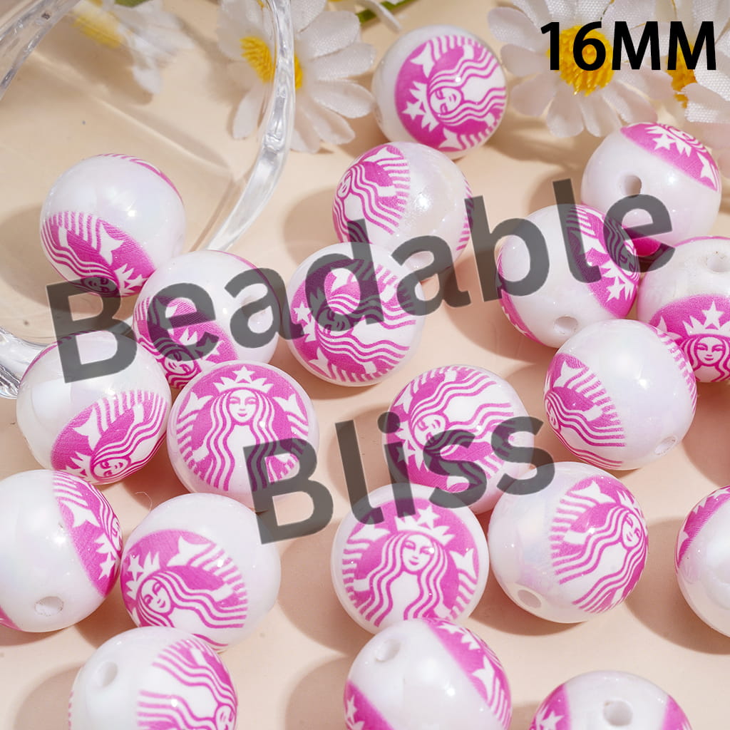 UV Coating Acrylic Beads for Bracelets Pink Coffee Theme, 16MM