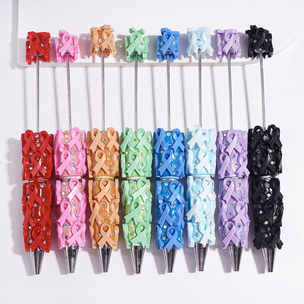 Beadable Clay Pens with Cancer Awareness Ribbon and AB Rhinestones on Multi-Color Base