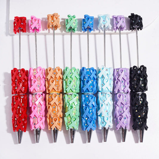 Beadable Clay Pens with Cancer Awareness Ribbon and AB Rhinestones on Multi-Color Base
