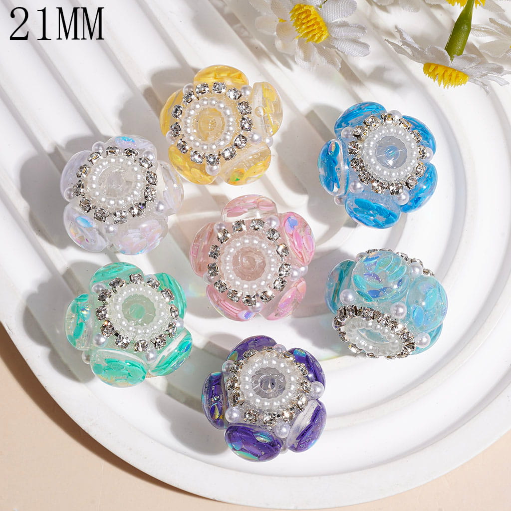 Handcrafted Acrylic Beads Clear Half Round with Leaf Shaped Sequins, White Pearl and Clear Rhinestone Chains, 21MM, Various Colors, Random Mix