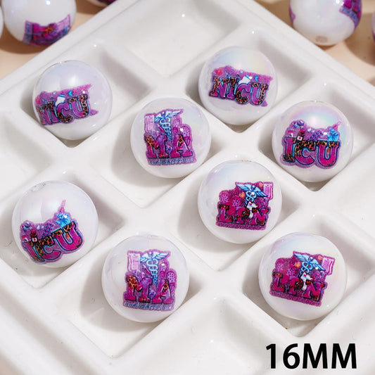 Acrylic Beads for Bracelets UV Coating w Medical Care Series, "NICU" "ICU" "MA" "LPN", 16MM, Random Mix