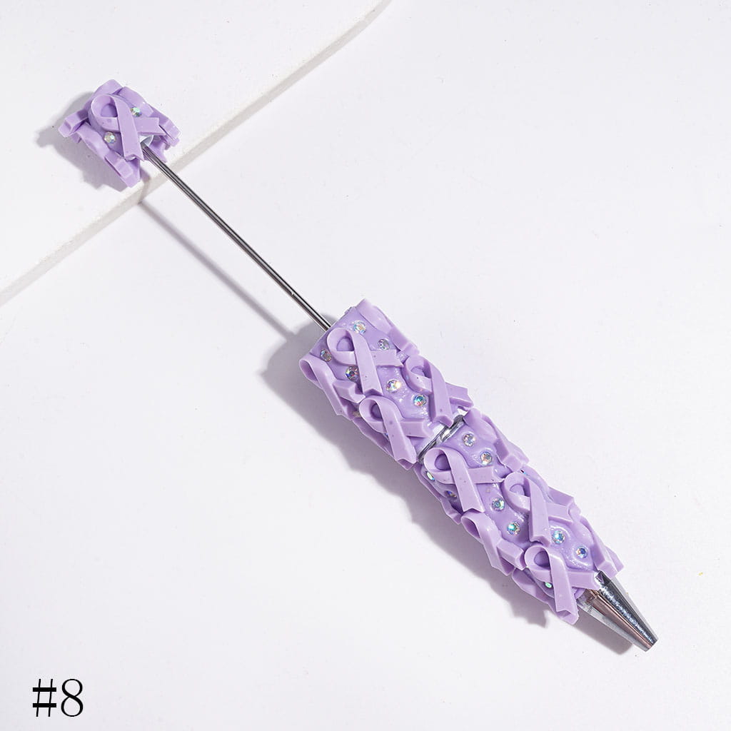 Beadable Clay Pens with Cancer Awareness Ribbon and AB Rhinestones on Multi-Color Base