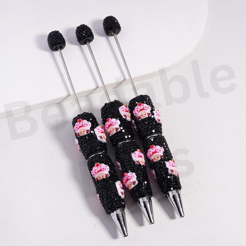 Beadable Clay Pens Cute Strawberry Girl Series with Black Rhinestones