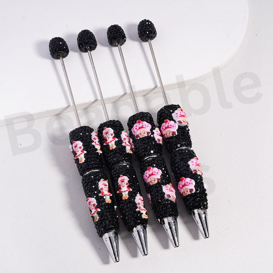 Beadable Clay Pens Cute Strawberry Girl Series with Black Rhinestones