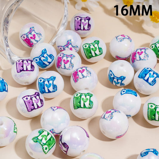 Colored "RN" UV Coating Acrylic Beads for Bracelets, 16MM, Random Mix