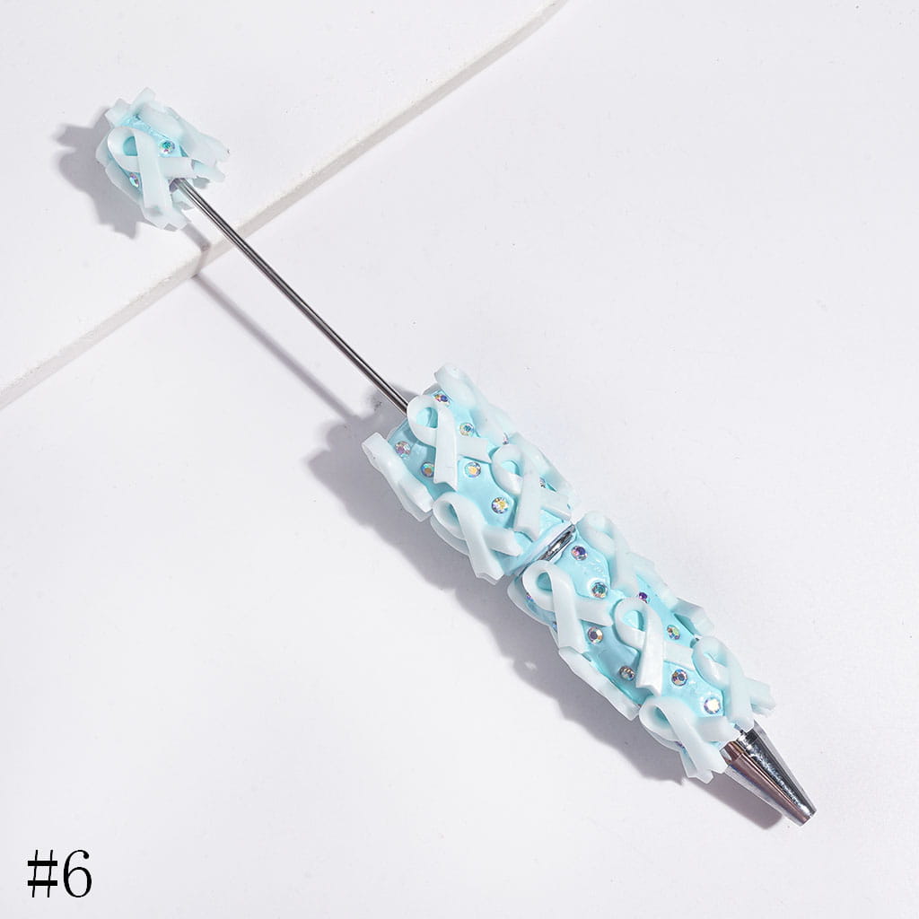 Beadable Clay Pens with Cancer Awareness Ribbon and AB Rhinestones on Multi-Color Base